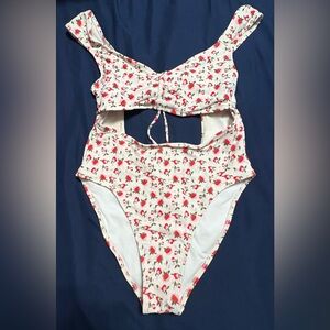 One piece swimsuit, cut outs, wide straps white with flowers medium size